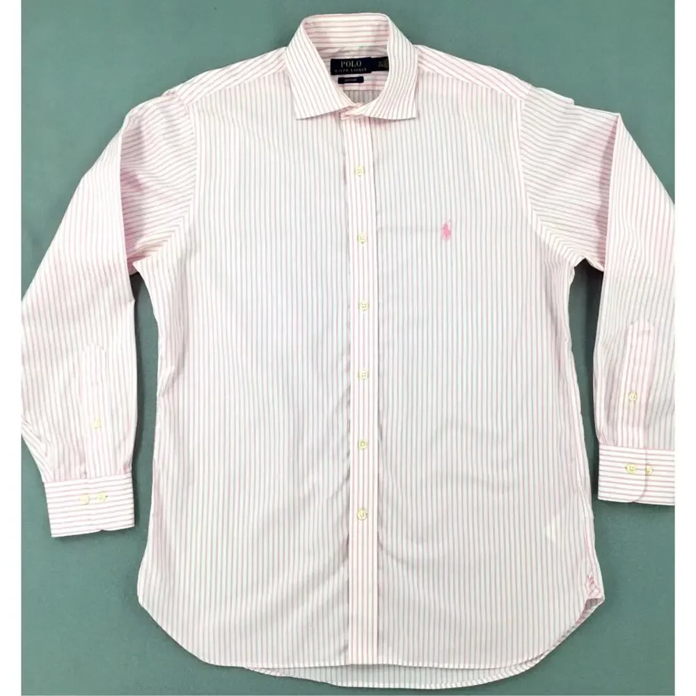 Polo Ralph Lauren Pink White Stripe Easy Care Cotton Dress Shirt 15.5